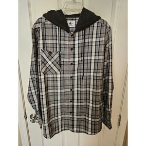 Swisswell Men's Plaid Long Sleeve Shirt Jacket Black Hoodie Chest Pocket, Sz. XL